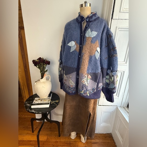 Vintage Wool Mohair Whimsical Cardigan Appliqué Boy & Goose Patchwork Knit - Picture 7 of 17